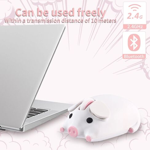 Bluetooth Mouse, 2.4G Mice Cute Cartoon Pig Dual Mode (Bluetooth or 2.4 GHz Receiver) Computer Mouse 1200DPI Silent Clisks Mouse for Laptop/Notebook/iPad/PC/Mac/Chromebook Office Home(White) in Kuwait