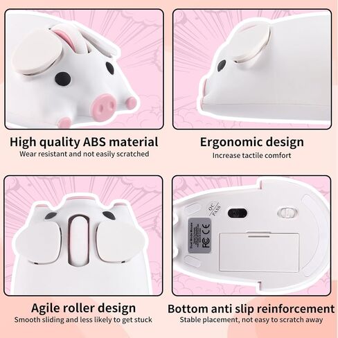 Bluetooth Mouse, 2.4G Mice Cute Cartoon Pig Dual Mode (Bluetooth or 2.4 GHz Receiver) Computer Mouse 1200DPI Silent Clisks Mouse for Laptop/Notebook/iPad/PC/Mac/Chromebook Office Home(White) in Kuwait