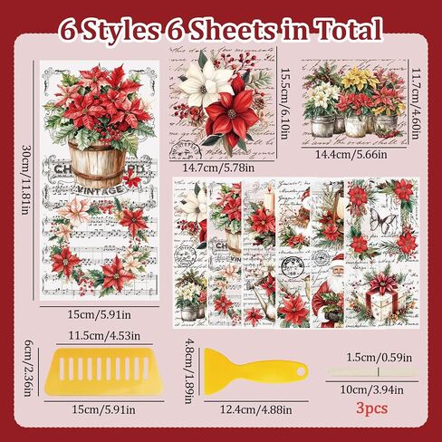 WANDIC 6 Sheets Christmas Flowers Letter Theme Rub On Transfer Sticker, Flower Decal for Home Party DIY Scrapbooking Photo Albums Furniture,15 * 30cm in Saudi Arabia