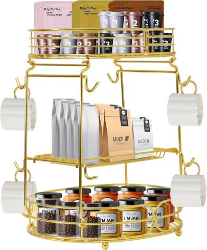 Coffee Bar Organizer Confertop ، 3 Tier Coffee Bar Organizer Confertop Station على الرف للمكتب المنزلي ، حامل كوب القهوة متعدد الوظائف ، حامل تخزين التبعي مع 8 خطافات (ذهبية) in Kuwait