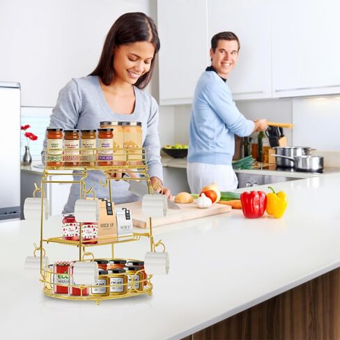 Coffee Bar Organizer Confertop ، 3 Tier Coffee Bar Organizer Confertop Station على الرف للمكتب المنزلي ، حامل كوب القهوة متعدد الوظائف ، حامل تخزين التبعي مع 8 خطافات (ذهبية) in Kuwait