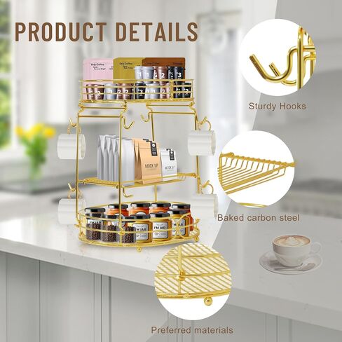 Coffee Bar Organizer Confertop ، 3 Tier Coffee Bar Organizer Confertop Station على الرف للمكتب المنزلي ، حامل كوب القهوة متعدد الوظائف ، حامل تخزين التبعي مع 8 خطافات (ذهبية) in Kuwait