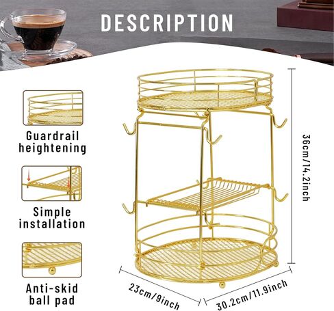 Coffee Bar Organizer Confertop ، 3 Tier Coffee Bar Organizer Confertop Station على الرف للمكتب المنزلي ، حامل كوب القهوة متعدد الوظائف ، حامل تخزين التبعي مع 8 خطافات (ذهبية) in Kuwait