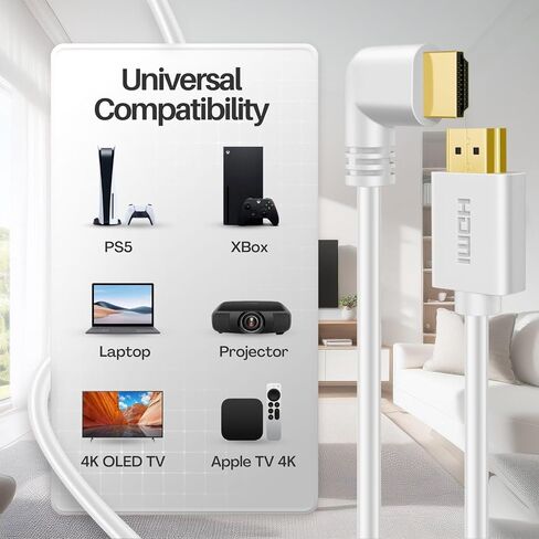 TNP HDMI Cable Left Angle 90 Degree (10 FT) - White High Speed HDMI 2.0 Cord,Supports UHD 4K 60hz 2K 2160p Full HD 1080p Quad HD 1440p 3D ARC/eARC Ethernet for Xbox One X/S PS 4 Pro/Slim & HDTV in Kuwait
