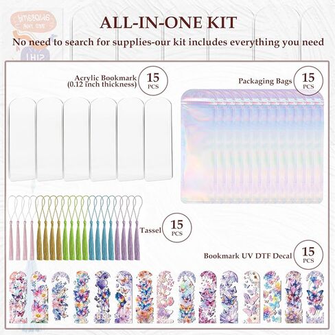 Butterfly Bookmark Making Kit - 60 PCs Floral Acrylic Bookmarks Blanks with Tassels Flower UV DTF Transfer Stickers DIY Craft Projects Clear Transparent Marks Tags for Women Book Lovers Gift in Kuwait