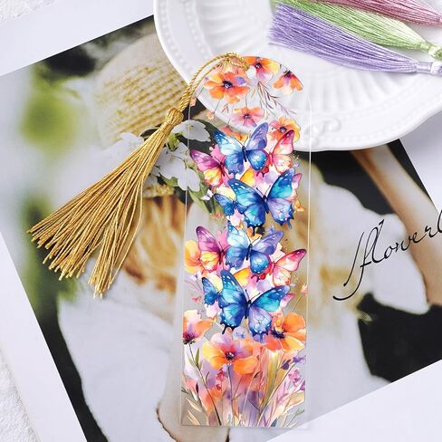 Butterfly Bookmark Making Kit - 60 PCs Floral Acrylic Bookmarks Blanks with Tassels Flower UV DTF Transfer Stickers DIY Craft Projects Clear Transparent Marks Tags for Women Book Lovers Gift in Kuwait