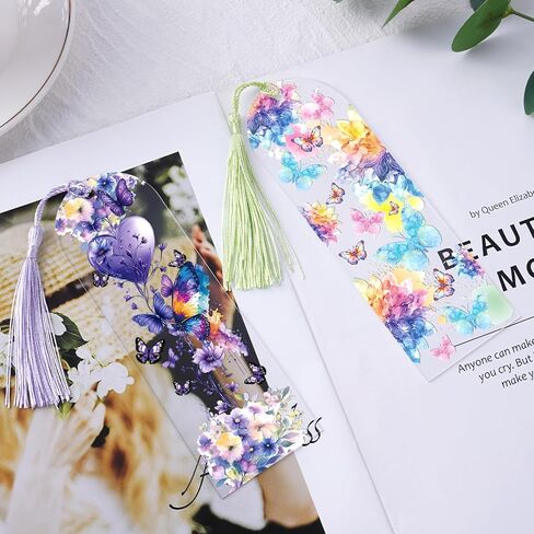 Butterfly Bookmark Making Kit - 60 PCs Floral Acrylic Bookmarks Blanks with Tassels Flower UV DTF Transfer Stickers DIY Craft Projects Clear Transparent Marks Tags for Women Book Lovers Gift in Kuwait