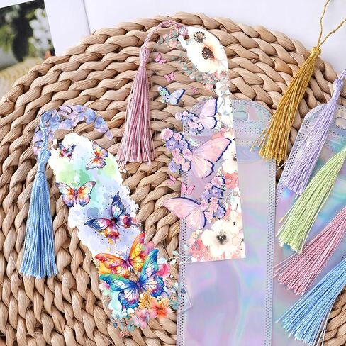 Butterfly Bookmark Making Kit - 60 PCs Floral Acrylic Bookmarks Blanks with Tassels Flower UV DTF Transfer Stickers DIY Craft Projects Clear Transparent Marks Tags for Women Book Lovers Gift in Kuwait