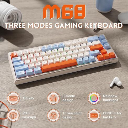 MANBASNAKE 60% Wireless Gaming Keyboard Tri-Modes 2.4GHz/BT/USB-C Wired Rechargeable Backlit 67 Keys Tri-Color PBT keycaps Mechanical Feeling Ultra-Compact Keyboard for PC Laptop Grey in Kuwait