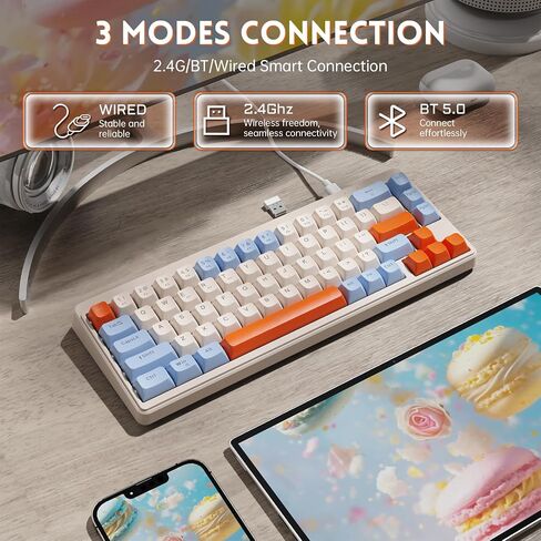 MANBASNAKE 60% Wireless Gaming Keyboard Tri-Modes 2.4GHz/BT/USB-C Wired Rechargeable Backlit 67 Keys Tri-Color PBT keycaps Mechanical Feeling Ultra-Compact Keyboard for PC Laptop Grey in Kuwait