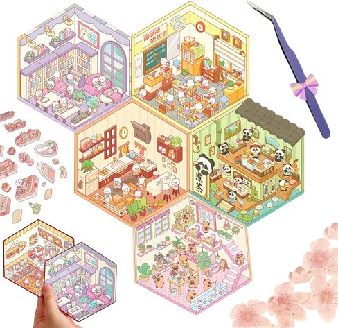 5 Sets DIY 3D Sticker Scene - Make Your Own Mini Shop Scenes Stickers for Kids - Cute Cartoon Animal Stickers for Adult Relief Stress Pass The Time in Saudi Arabia