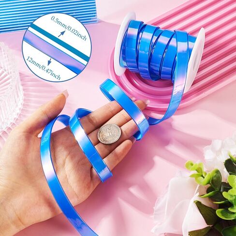 Beadthoven 5.47 Yards 1/2" Blue Silicone Ribbon Holographic Iridescent PVC Ribbon Rainbow Flat Lanyard Strap String Ribbon for Keychain Wristlet Bracelet DIY Craft Jewelry Making Supplies in Saudi Arabia