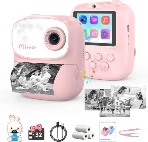 2025 New Kids Camera Print مع مرآة ， 1080p HD كاميرا رقمية ثنائية العدسة مع 3 لفات بطباعة وبطاقة 32 جرام ， هدايا عيد ميلاد العطلة لطفل صغير 3-12 in Kuwait