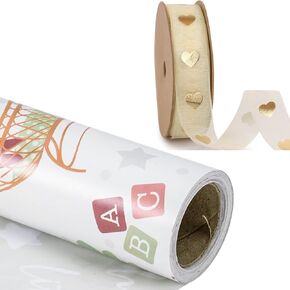 Lezakaa Baby Shower Wrapp Paper وشريط القلب الذهبي - 17 بوصة × 32.8 قدمًا ، تصميم مزدوج على الوجه ، مثالي للطفل والفتاة الاستحمام