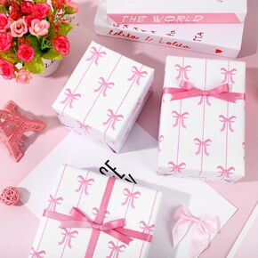 Fysuimu Pink Bow Paper - Mini Roll - 17 in x 32.8 ft Bowknot Coquette Gift Paper for Diy Art Crafts Birthday Baby Shower Party Supplies