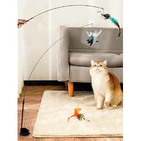 Interactive Cat Feather Toy with Super Suction Cup & Bonus Double-Sided Nano Adhesive – 3 Replaceable Feathers, Bell & Spring Wand – Fun Exercise for Indoor Cats & Kittens (Fly Bird Blue)