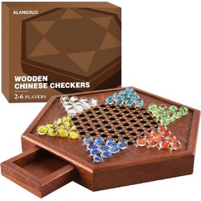 Large 12.7" Inch Chinese Checkers Set Premium Wooden Board Game for Adults and Kids with 60+12 Vibrant Glass Marbles | Dual-Sided Storage Drawer | Perfect Family Board Game for Kids and Adults