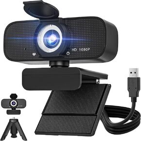 1080P Full HD Webcam with Built-in Microphone and Rotatable Tripod, Privacy Cover, for Desktop PC or Laptop Computer-Style1