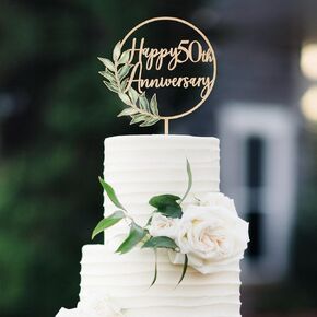 Happy 50th Anniversary Cake Topper in Wood Greeny 50 Wedding Anniversary Cake Decoration (Design 01)