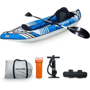Driftsun Voyager Inflatable Kayak - 2 Person Tandem Inflatable Kayak, Includes 2 Aluminum Paddles, 2 Padded Seats, Double Action Pump and Travel Backpack