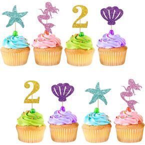 24pcs Mermaid 3rd Cupcake Topcake ، Pink Glitter Mermaid 3 Cupcake Picks ، Happy 3rd Cake Cake For Girls ، Under the Sear Party Decoration
