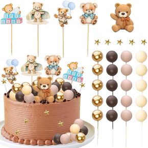 Ephlyn 38 Pack Bear Cake Toppers Star Balls Cake Decorations Baby Shower Cupcake Toppers for Boy Girl Baby Shower Birthday Party Decorations Pink