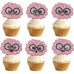 18pcs Pink Glitter Dessert Cupcake Topper Pick for Human Intelligent Cute Brain Theme Decorations Men Women Happy Birthday Party Decor Supplies