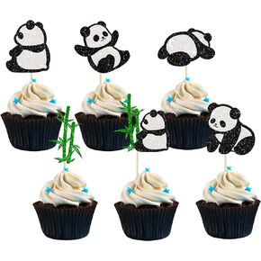 24Pcs Panda Cupcake Toppers Glitter Green Bamboo Cupcake Picks Cute Animal Bear Cake Decorations Baby Shower Kids Birthday Panda Theme Party Supplies