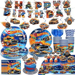179pcs زخارف عيد ميلاد الساخنة للأولاد ، تشمل زينة حفلة عيد ميلاد السباق 300GSM لوحات سميكة 2 مفارش المائدة اللافت