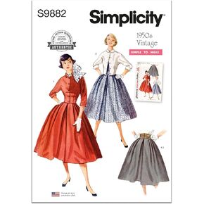 Simplicity Easy to Make Vintage 1950's Misses' Full Skirt and Fitted Jacket Sewing Pattern Packet, Design Code S9882, Sizes 6-8-10-12-14