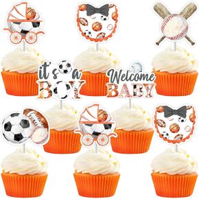 Funmemoir Sports Devinations Baby Shower Decorations for Boy - 36pcs Cupcake Toppers ، Sports إنه صبي مرحبًا به