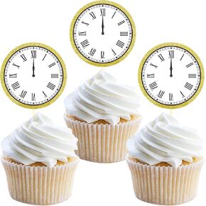 24pcs قبعات كب كيك سنة جديدة سعيدة ، 2024 ديكورات كب كيك (الساعة ب)