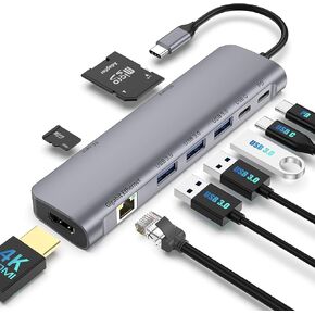 9 in 1USB C HUB with 4K HDMI, 100W PD, USB C Port, USB 3.0, RJ45 Ethernet, SD/TF Card Reader, Docking Station Compatible with MacBook Pro/MacBook Air, XPS, Chromebook and More Type C Device