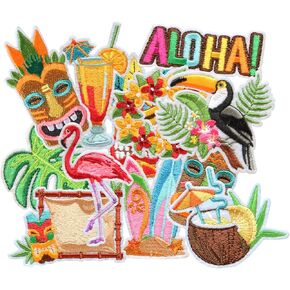 12PCS Hawaiian Island Theme Iron on Patches, Tropical Tiki Lei Hula Surfboard Monstera Embroidered Badges for Clothes, Aloha Applique for Kids, Hats, Jeans, Jackets, Bags, Dress