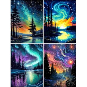 Cewlonp 4 Pack Paint حسب الرقم للبالغين - Night Night ، طلاء Canvas السهل بأرقام للهدية ، ديكور الجدار المنزلي (4 حزمة ، 12x16 بوصة)