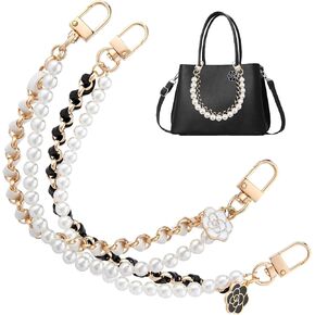 2Pcs Pearl Handbag Chain Straps, 10 Inch Black & Gold Purse Chain Extenders with Floral Charm, Metal Shoulder Strap for Crossbody Bags, Short Handle Replacement Accessories for Women