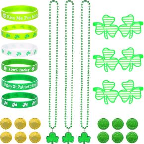 24 PCS St Patricks Day Accessories with Green Clover Glasses, Shamrock Necklaces, Bracelets, and Coins, for Irish Festival Party Supplies Parade wear decorations for Irish St Patrick's Day