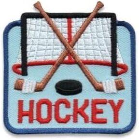 Hockey Sports Iron On Patch, 2 Inch, Embroidered Sticks and Net Design, Blue