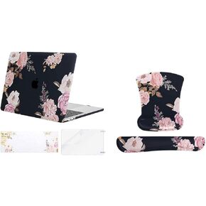 MOSISO Compatible with MacBook Pro 13inch Case 2023-2016 A2338 M2 M1 A2289 A2251 A2159 A1989 A1706 A1708,Peony Hard Shell&Wrist Rest Support for Mouse Pad Keyboard Set Non-Slip Rubber Base, Black
