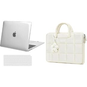 MOSISO Compatible with MacBook Air 13 inch Case 2022-2018 Release A2337 M1 A2179 A1932, Plastic Hard Shell Cover&Keyboard Cover&Rectangle Quilted Bag with Handle&Flower Pendant, Transparent&Sand