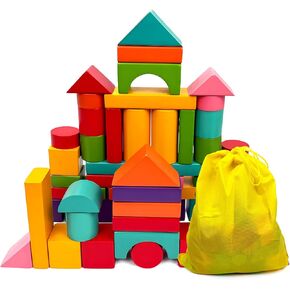 Cheardia 100 Pack Wooden Building Blocks, Standard Colored Natural Blocks with Storage Bag for Playing, Parties Hands on Indoor Activity Play