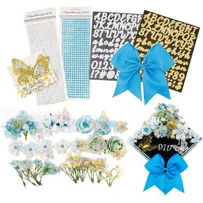 GraduatePro 41 Peices Cap Cap Decoration Kit DIY Craft ، Flower Flowers Inthersive Alphabet Abshive Numbers Frudges ، Butterfly Gold and Silver ، Rahiny Rhinestons Grad Hat Topper White