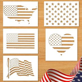 5pcs stencils American Flag Stencils 50 Star American Map Stencil للطلاء على جدران ورق البخاخة الحرف الخشبية ، قوالب أمريكية قابلة لإعادة الاستخدام للطلاء الرش (5 × 7/ 6x6 بوصة)