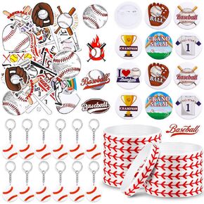 86 PCS Baseball Team Gifts Partyball Party Forms Favors مع 12 أساور سيليكون بيسبول ، و 12 سلاسل رئيسية ، و 12 شارات دبوس للبيسبول ، و 50 ملصقًا مقاومًا للماء لمادة عيد ميلاد البيسبول (كلاسيكية)