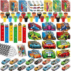Benlouis 192pcs السباق حفل سيارة تفضل موضوع سباق المدارس مجموعة القرطاسية بشكل كبير للأطفال السريع السريع عجلات عيد ميلاد Goodie Bag Echatsers مكافآت Pinata Piller