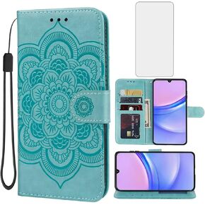 Case for Galaxy A15, Samsung A15 SM-A156U Wallet Case with Tempered Glass Screen Protector, Mandala Leather Flip Credit Card Holder Stand Phone Cover Cases for Samsung Galaxy A15 Purple