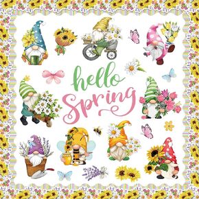 70Pcs Hello Spring Bulletin Board Decoration Kit Colorful Gnome Flower Butterfly Paper Bulletin Board Set with Glue Points for Spring Party Supplies