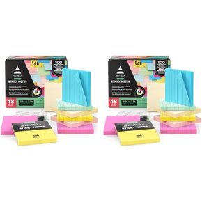 ARTEZA Sticky Notes 3x3 inches, 48 Lined and Blank Sticky Pads, Bulk Assorted Multicolor Self-Adhesive Notes