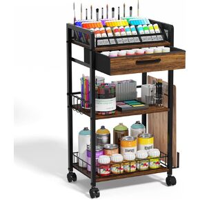 3 Tier Rolling Cart - Metal Utility Cart with Storage Drawer and Wheels, Versatile Art & Craft Organizer for Home, Office, or Studio Ideal for Storing Brushes, Paints, and Supplies Brown