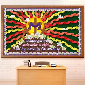 Pasimy Christian Cross Bulletin Board مجموعة DIY يسوع القيامة الصليب الصليب زخارف الفصول الدراسية أشعة الشمس لفات الورق الكريب مع حدود الزنبق من أجل الكنيسة الدينية الكاثوليكية الإمدادات المدرسية